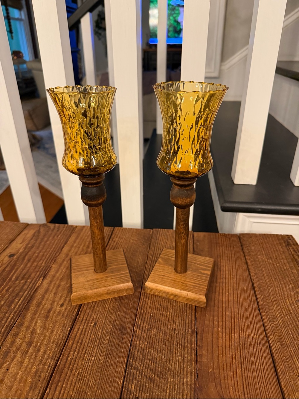 (2) vintage BOHO farmhouse amber diamond-optic glass and wood candle holders.